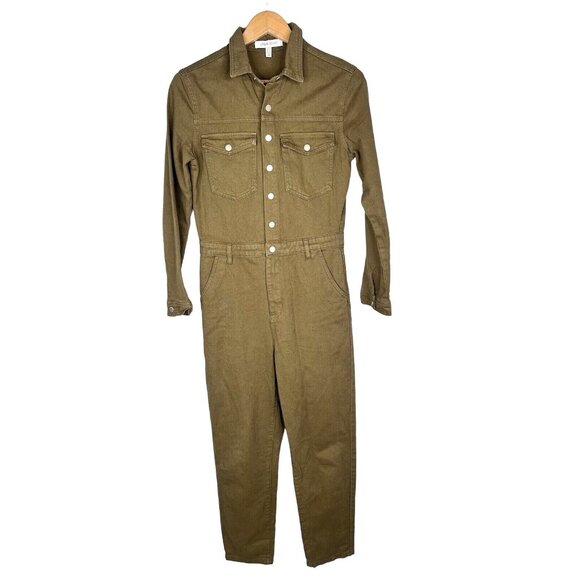 URBAN REVIVO Women's Olive Green Snap Front Long Sleeve Jumpsuit US 6 - Picture 1 of 5